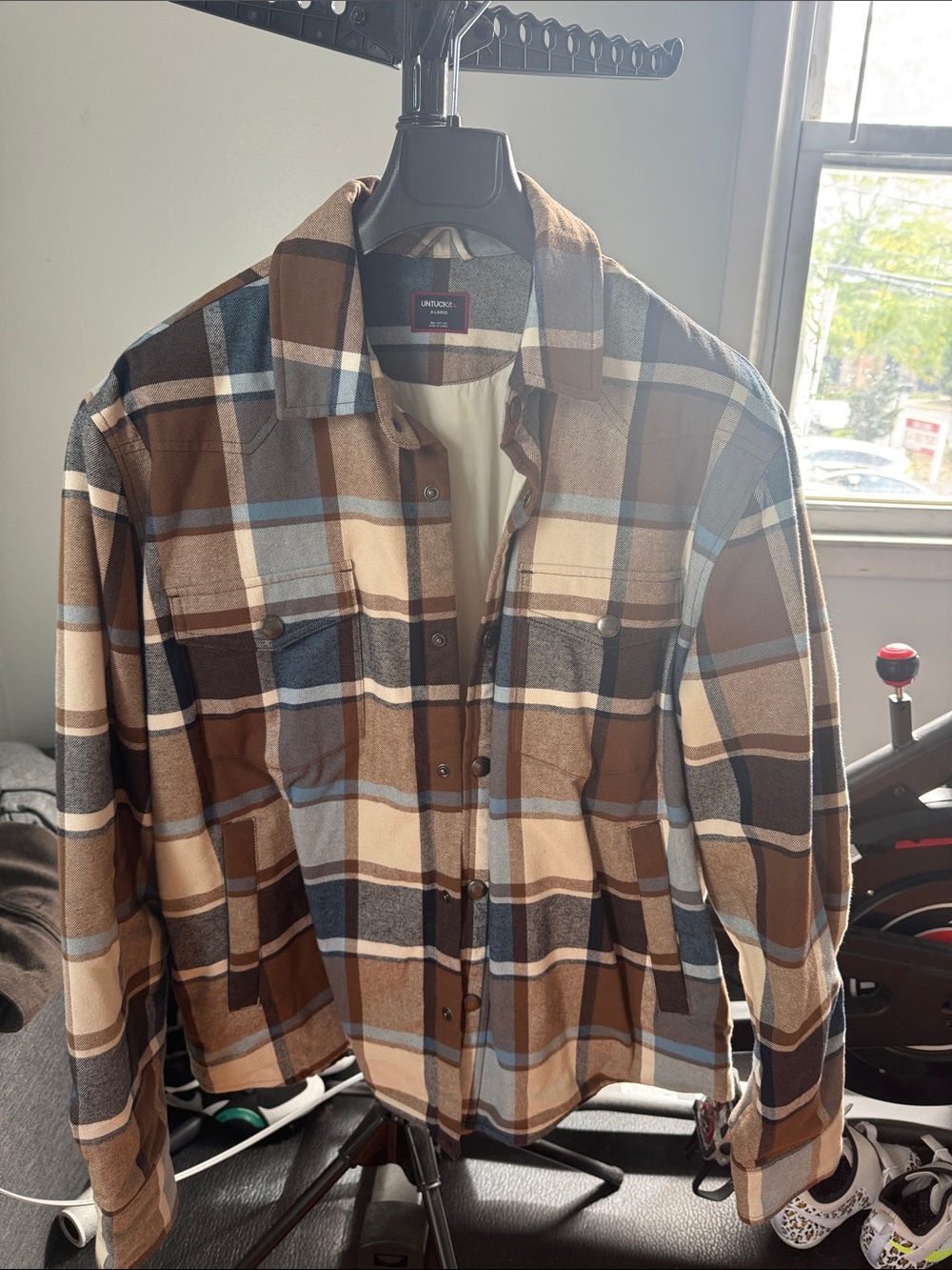 UNTUCKit Brown, Cream & Blue Plaid Shirt Jacket